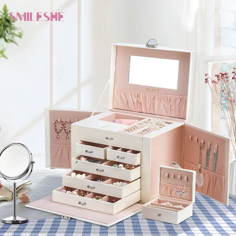 

Ювелирные изделия Smileshe, органайзер большой емкости, 5 слоев, с замком, ожерелье, кольца, серьги, витрина, держатель, домашняя коробка для хранения, верхняя ручка