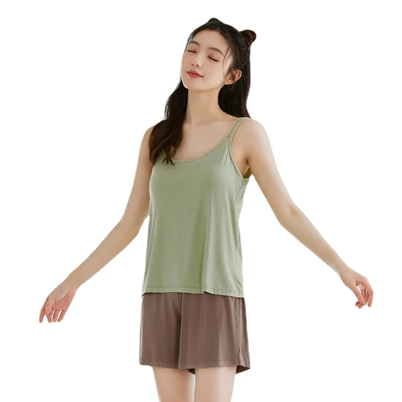 Pajamas for Women's Summer Solid Color Sling Suit New Loose Short-sleeved Nightdress Temperament Home Service with Round Neck
