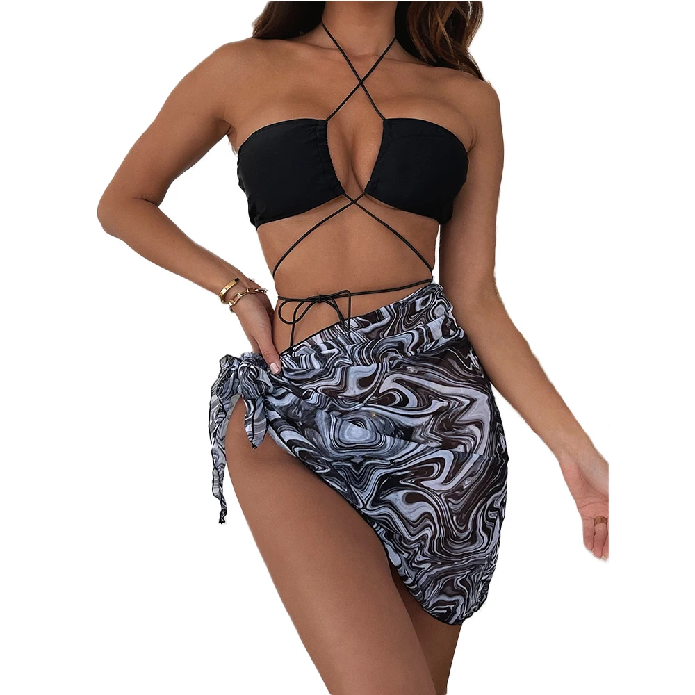 

Женский комплект бикини с лямкой на шее FS, купальный костюм из 3 предметов с юбкой перекрещивающейся книзу и топом на завязках, 2022