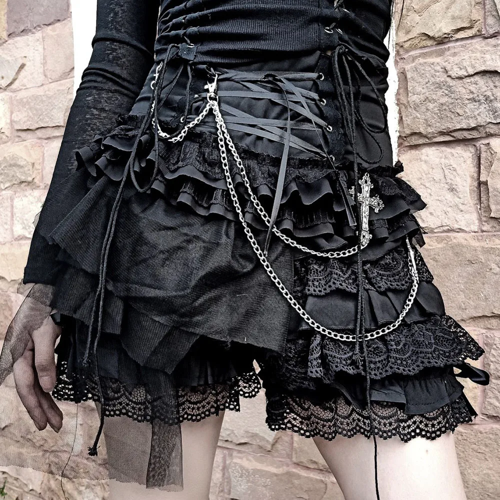 

Однотонные кружевные шорты-кюлоты, облегающие Женские шорты, лоли в стиле рок, готика, панк, темные сетчатые шорты на шнуровке с перекрестно...