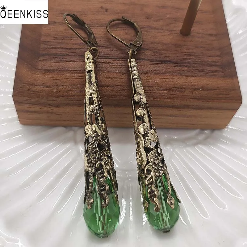 

QEENKISS EG6219 Fine Jewelry Wholesale Fashion Woman Girl Birthday Wedding Gift Water Drop AAA Zircon Antique Gold Drop Earrings