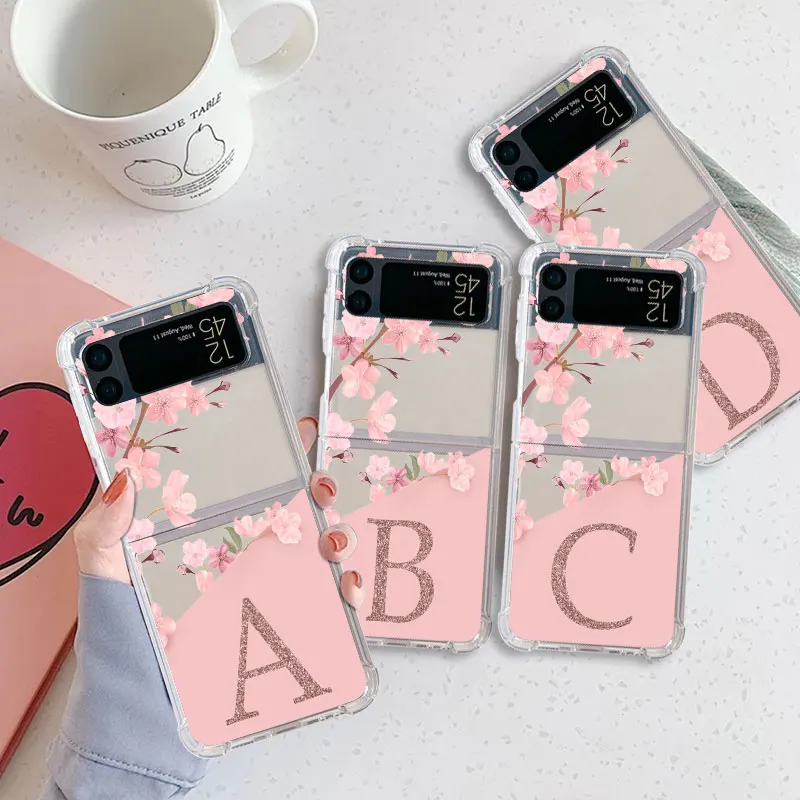 

Flower Letter Pink Fashion Initial Luxury Case For Samsung Galaxy Z Flip 3 4 5G Funda Z Flip3 Clear Hard Shockproof Phone Shell