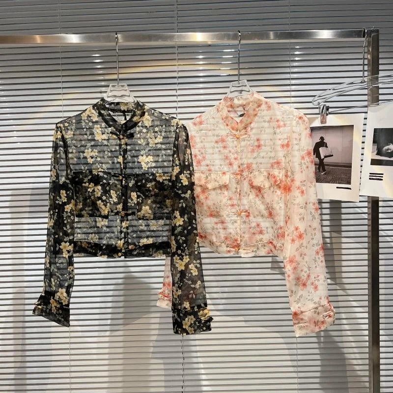 

Summer 2022 Long Sleeve Stand Collar Floral Print Buckles Transparent Mesh Sunscreen Coat Jacket Women GF240