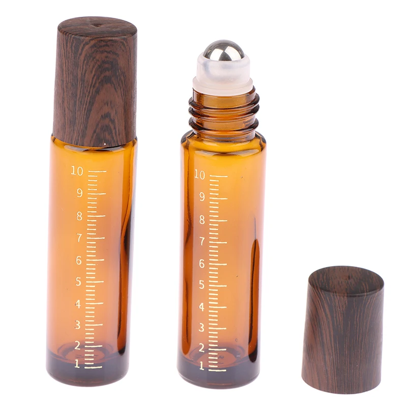

2pcs10ml Amber Roll On Roller Bottle With Wood Grain Cover Roller Bottle For Essential Oils Refillable Perfume Bottle Containers