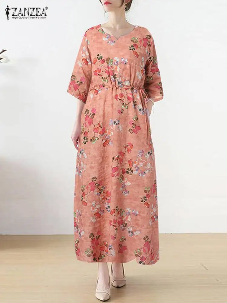 

Халат ZANZEA из хлопка и льна с рукавом 3/4, Повседневное платье с поясом и цветочным принтом в Корейском стиле, элегантное женское богемное модн...