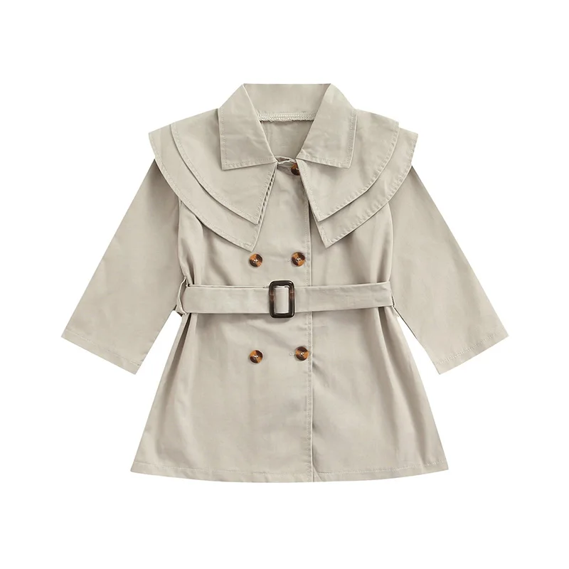 

Little Girl Solid Color Overcoat, Long Sleeve Lapel Collar Buttoned Loose Jacket with Pockets Waistbelt, Kids Clothing
