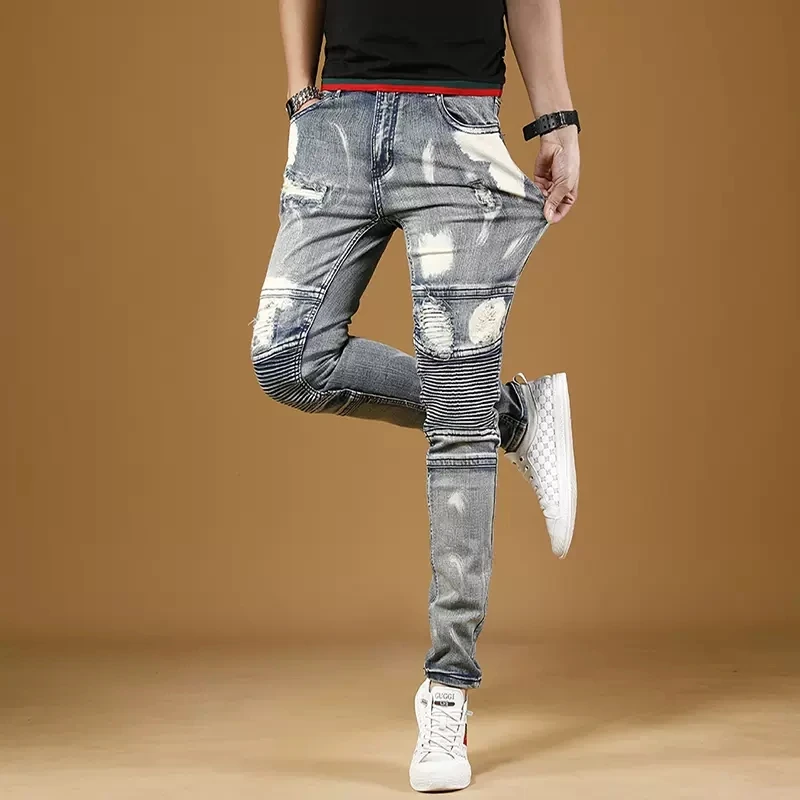 Summer Light Blue Ripped Jeans Men White Printed Regular Straight Pants Streetwear Casual Biker Stretch Denim Trousers