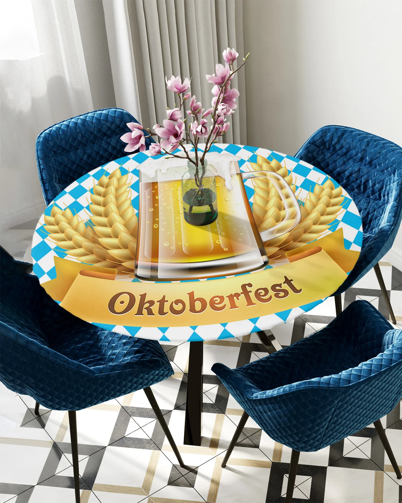 

Oktoberfest Wheat Beer Plaid Round Tablecloth Waterproof Elastic Tablecloth Home Kitchen Dining Room Table Cover
