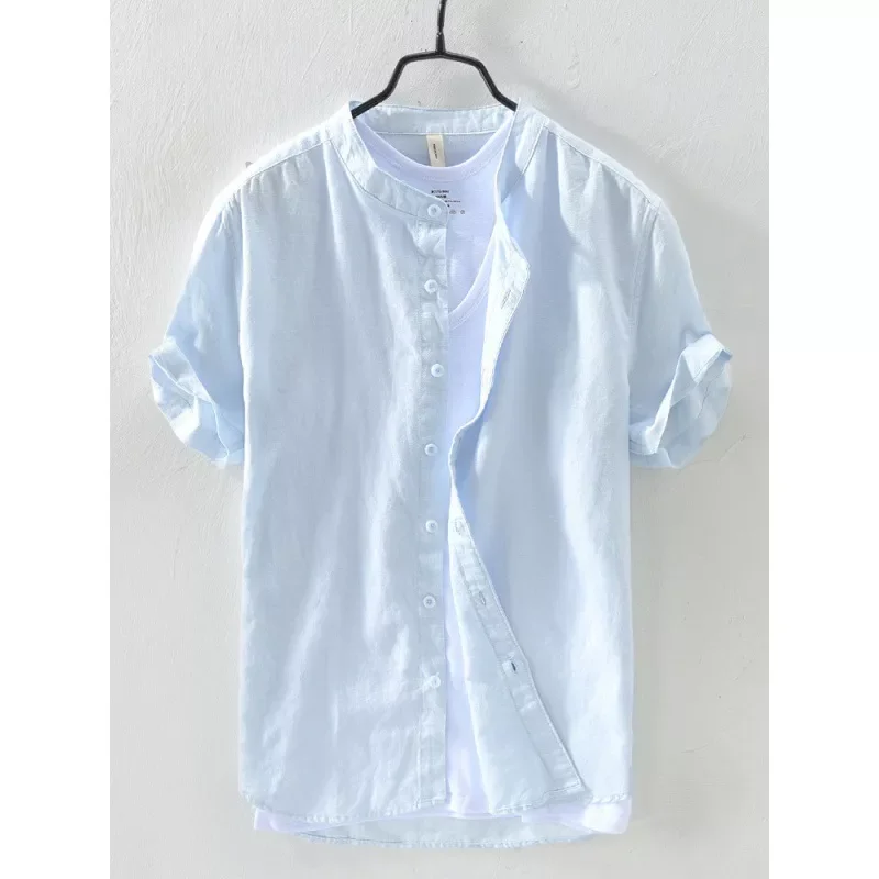 

Sleeve Cotton Linen Shirt Tops S-4XL 2022 New Men's Summer Casual O-Neck Linen Shirts Male Solid Color Short