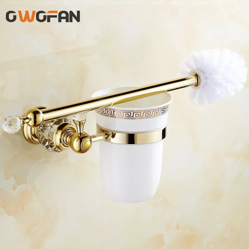 

Toilet Brush Holders Luxury Wall Mounted Brass with Crystal Ceramic Cup Golden Bath Toilet brush Bathroom Accessories 4546K