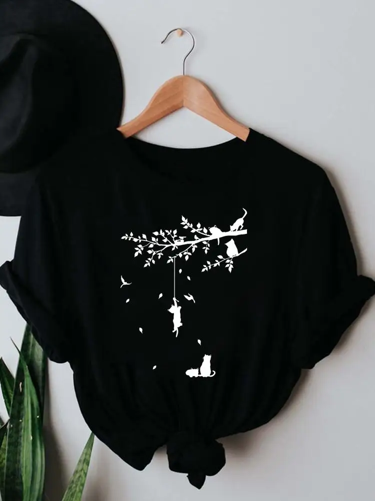 

Женская футболка с принтом кошки, черная футболка с коротким рукавом и графическим принтом для лета