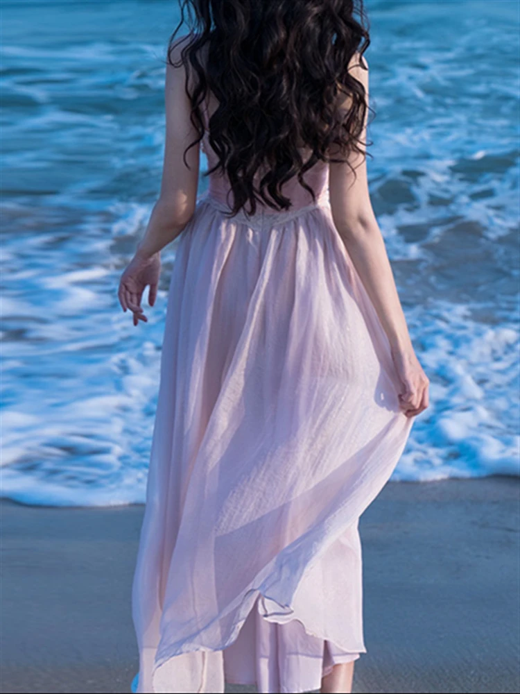 Женский сарафан на бретелях-спагетти розовое платье без рукавов с открытой