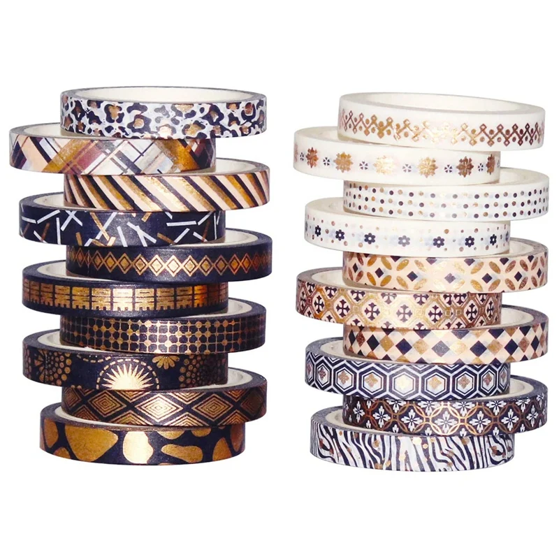 

Black Gold Washi Tape Set 7MM Skinny Masking Tape Decorative Pack For DIY Scrapbooking,Gift Wrapping,Holiday Decoration