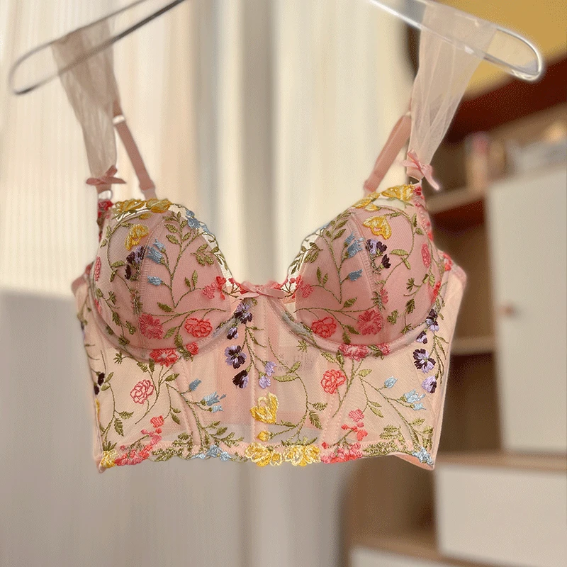 BIIGGXX Bras for Women's Ultra-thin Mold Cup Sexy Lingerie French Romantic Embroidery Brassiere Strap Tube Top Bra