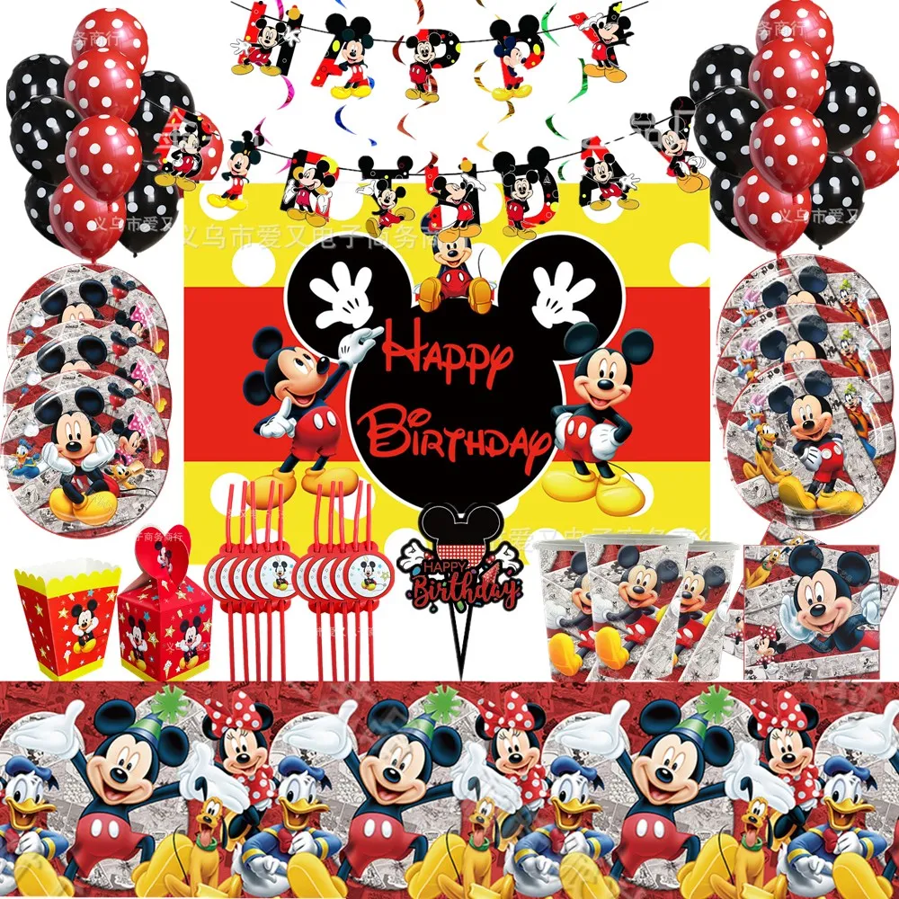 

Mickey Mouse Birthday Party Decoration Boy Paper Plates Cups Tableware Minnie Balloons Decor Backdrop Baby Shower Party Supplies