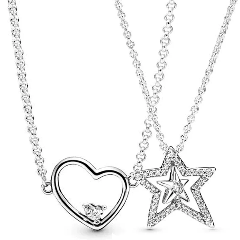 

Pave Asymmetric Star Collier Asymmetric Hearts Of Love 925 Sterling Silver Necklace For Europe Bead Charm DIY Jewelry