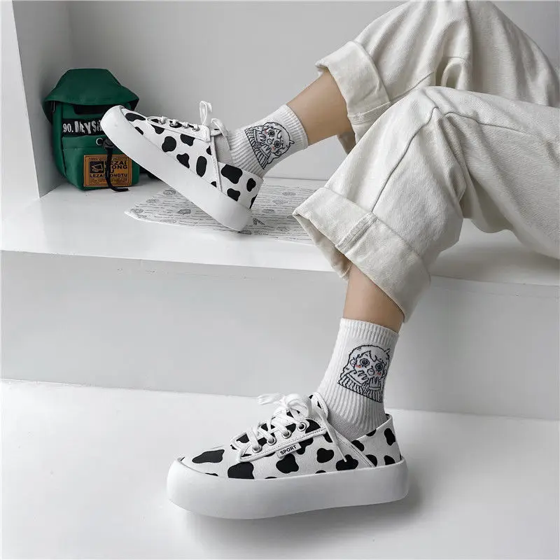 Cow Print Canvas Shoes for Women Japanese Style Fashion Autumn Platform Sneakers All-match Streetwear Daily Wear Ladies Footwear