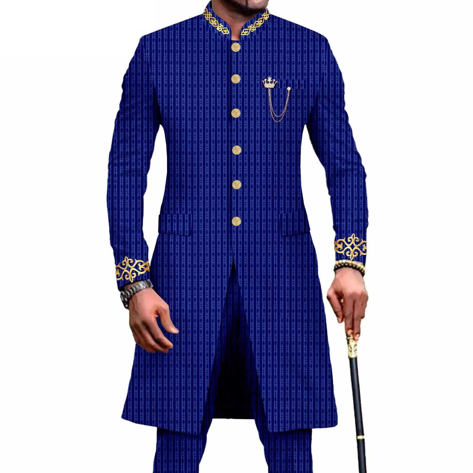 African Suit for Men Dashiki Long Embroidery Jackets and Pants 2 Piece with Kerchief Slim Fit Formal Outfits Wedding Suit Gown