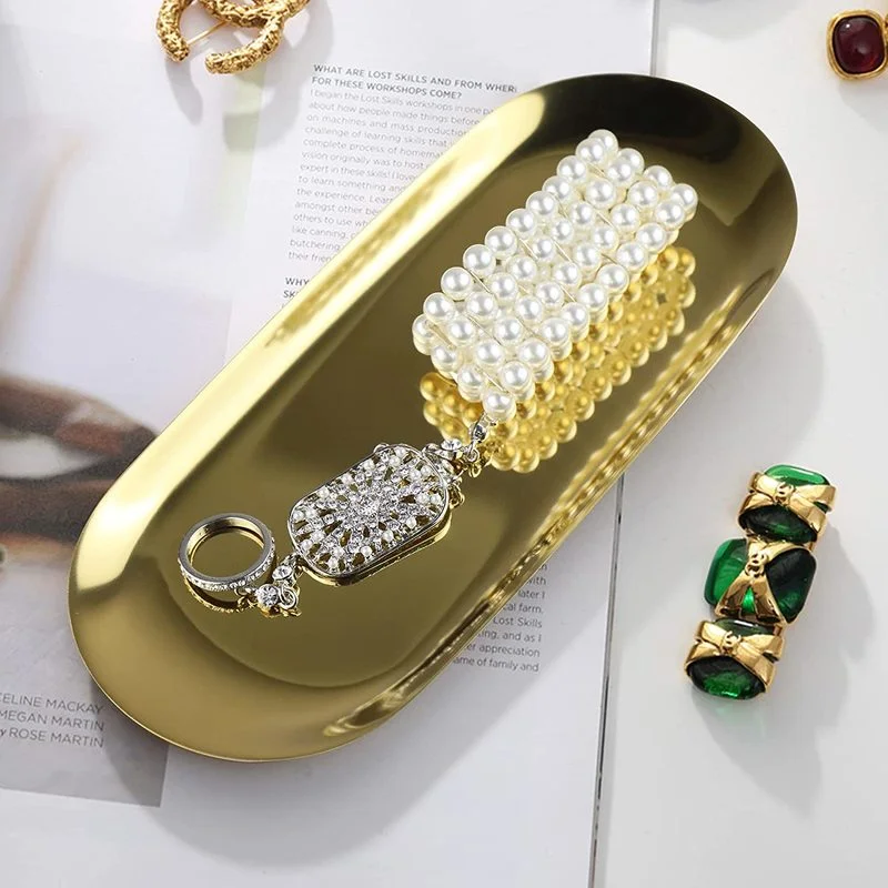 

Овальный сервировочный поднос из нержавеющей стали, тарелка для чая, фруктов, косметика, поднос для хранения ювелирных изделий, полотенец д...