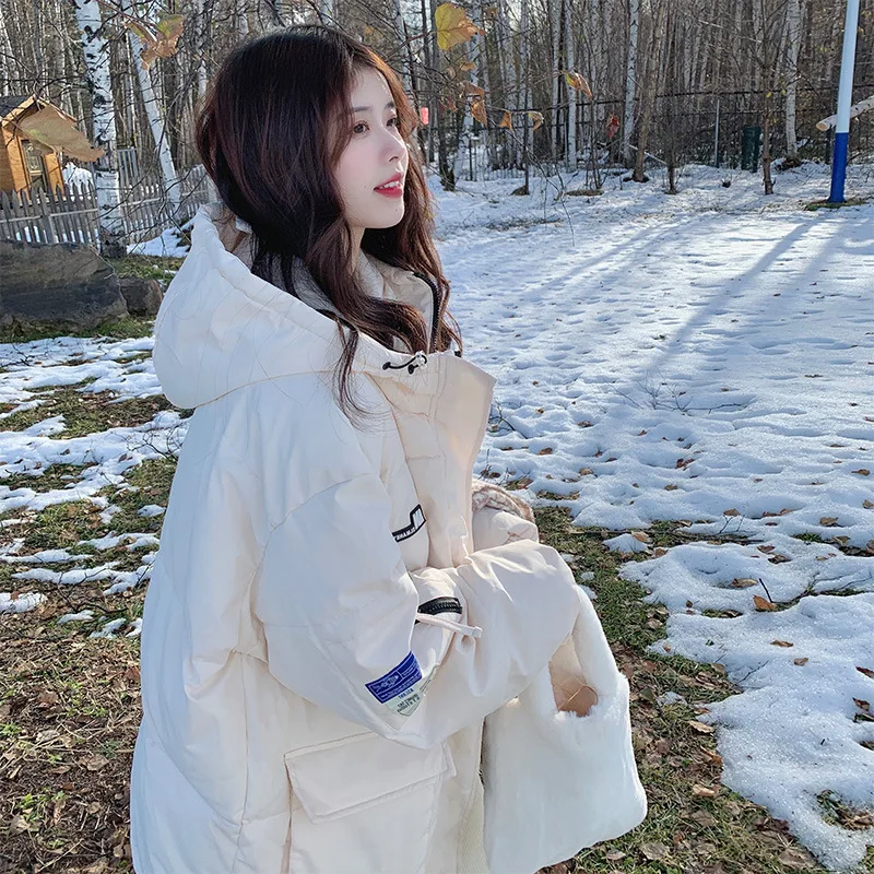 Down cotton jacket women's loose and thick hooded cotton jacket in winter