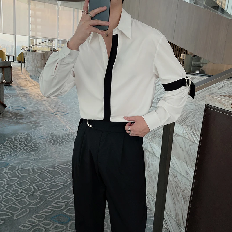 2022 Contrasting Splicing Shirts for Men Long Sleeve Loose Casual Shirts Streetwear Nightclub Social Tuxedo Blouse Men Clothing