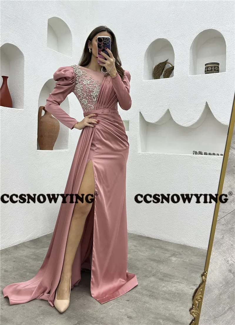 

Женское атласное вечернее платье-русалка, с длинным рукавом и разрезом