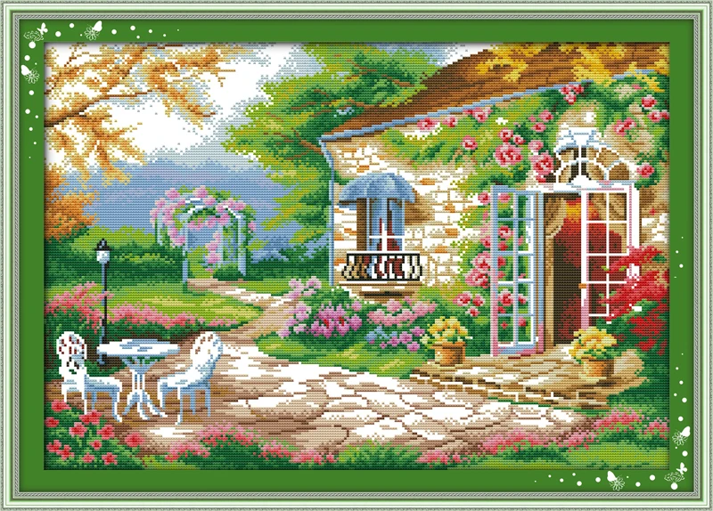 

Joy Sunday Pre-printed Cross Stitch Kit Easy Pattern Aida Stamped Fabric Embroidery Set-Romantic Backyard Garden