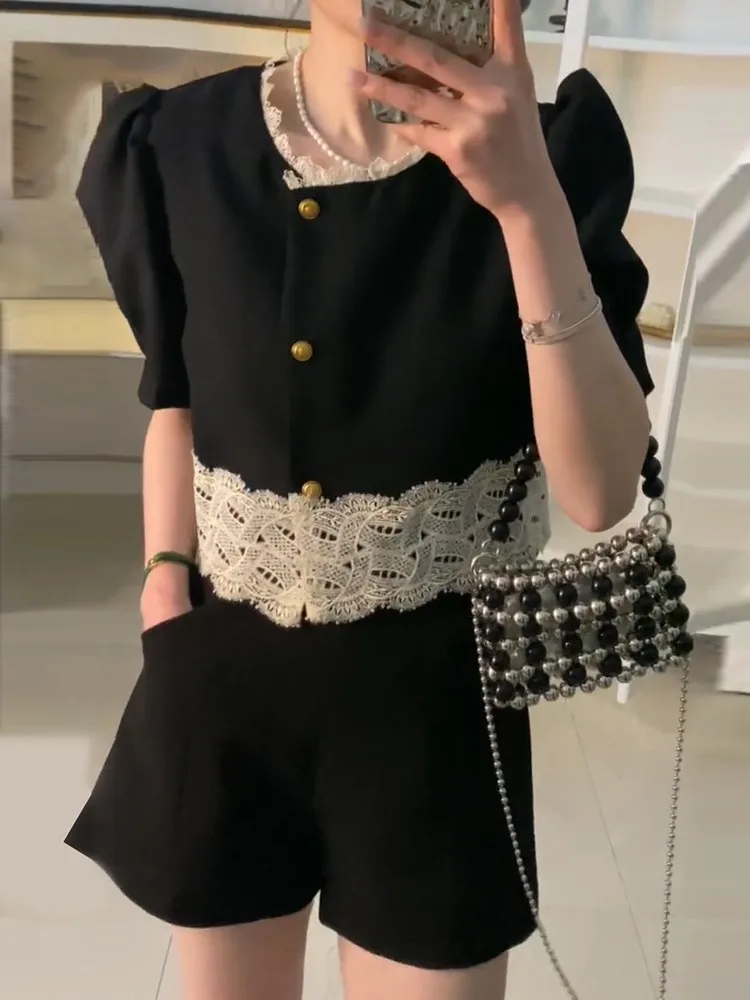 

Elegant Celebrity All Black 2 Piece Sets Outfits Summer Fashion Short Sleeve Lace Stitching Shirt Top+Mini Shorts Chic 2pc Suit