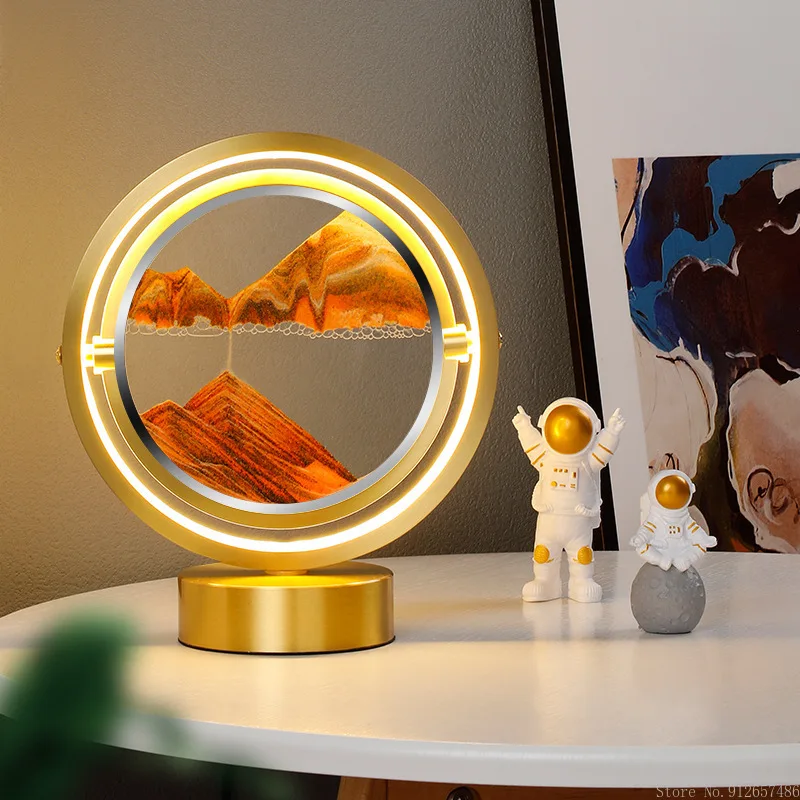 Lámpara de mesa giratoria 3d de arena movediza, luz de noche moderna y creativa para dormitorio, reloj de arena dorado/Negro, artesanal, paisaje Natural