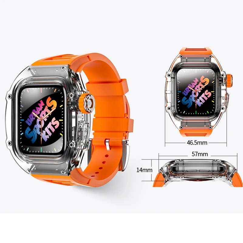 New 44mm 45mm Luxury Transparent Case Fluororubber Strap For Apple Watch Series 8/7 iWatch SE 6 5 4 Sports Rubber Band Mod Kit