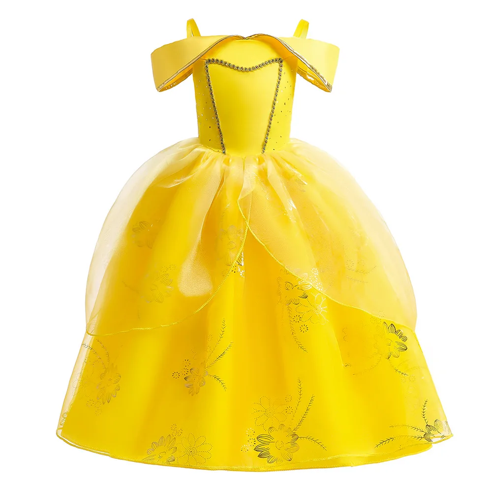 

Spaghetti Strap YellowGirls Evening Party Dress Elegant Princess Dress Flowers Kids Wedding Dress 2022 Summer Children Clothing