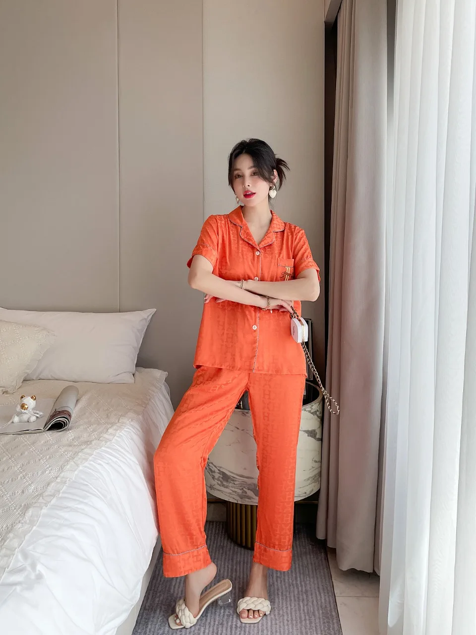 [Women's pajamas] [high-quality]2023 New Pajamas Women's Summer Short Sleeve Long Pants Jacquard Set Large Homewear