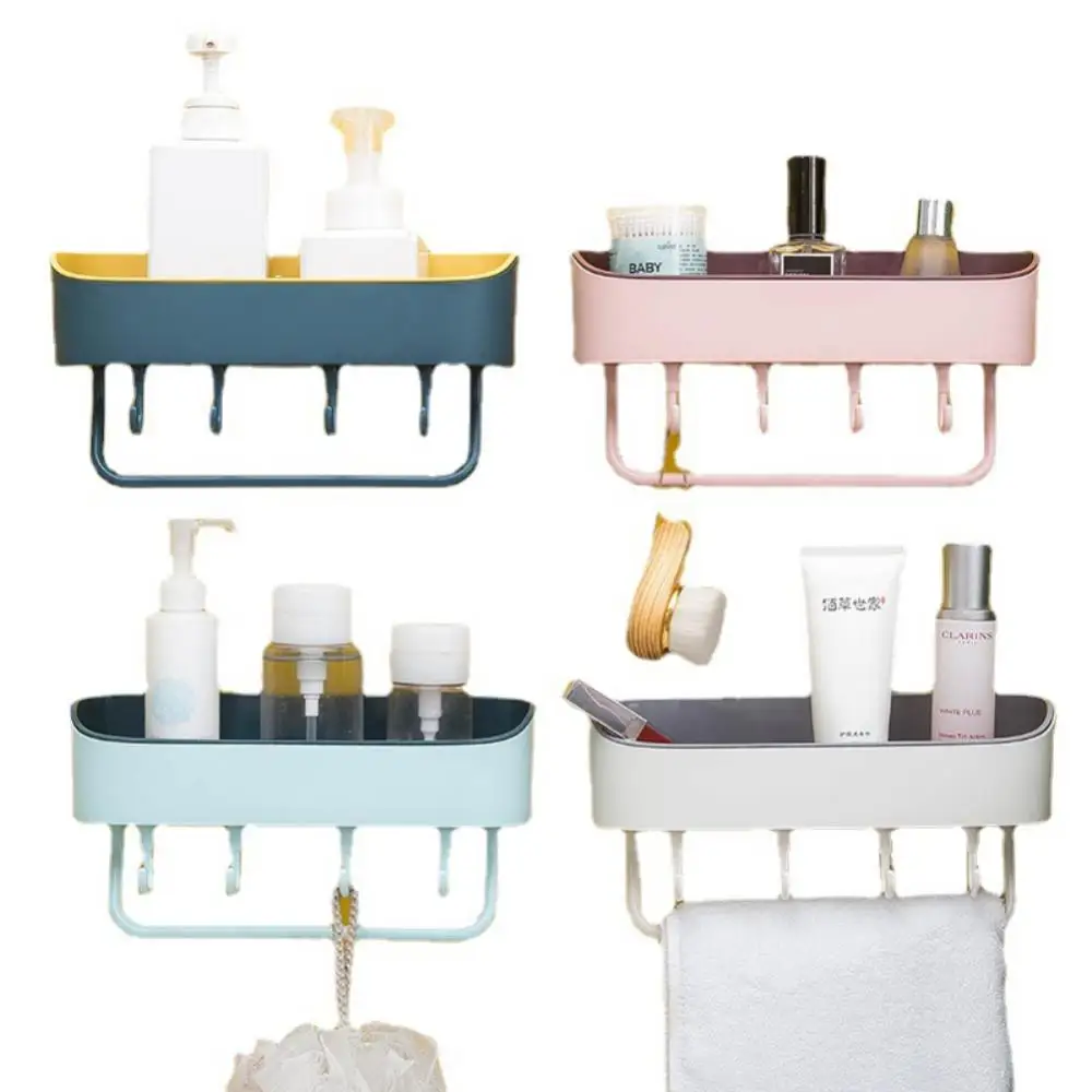 

Bathroom Kitchen Shelf Organizer Wall Mounted Bathroom Shelves Basket With Hooks Kitchen Seasoning Storage Shower Hanging