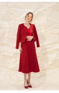 Spring and autumn new red ladies temperament short round neck long sleeves slim fit and thin tweed coat women fashion all-match