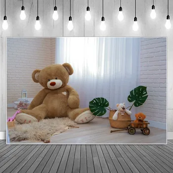 Teddybear Bricks Pure White Curtain Birthday Party Decoration Photography Backdrop Baby Green Leaves Living Room Toys Background