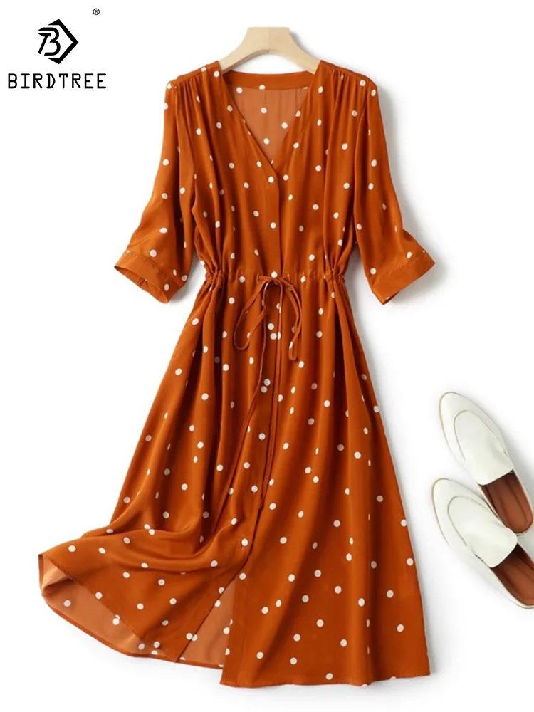 Birdtree 100%Mulberry Silk Summer V-neck Dresses Women Thin Waist Polka Dots Medium A-line Shirt Dress Office Lady New D37436QM