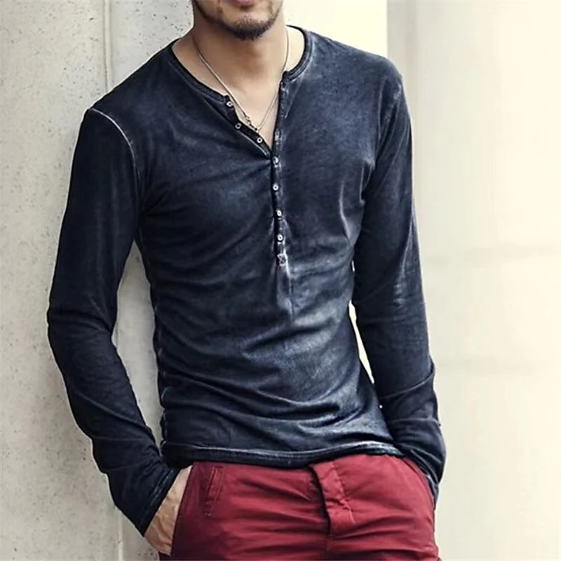 

NO.2 A1697 Autumn Cotton Graphic Men's T Shirts Vintage Print Long Sleeve Tops Casual Hip Hop Oversized Clothing Button V-Neck