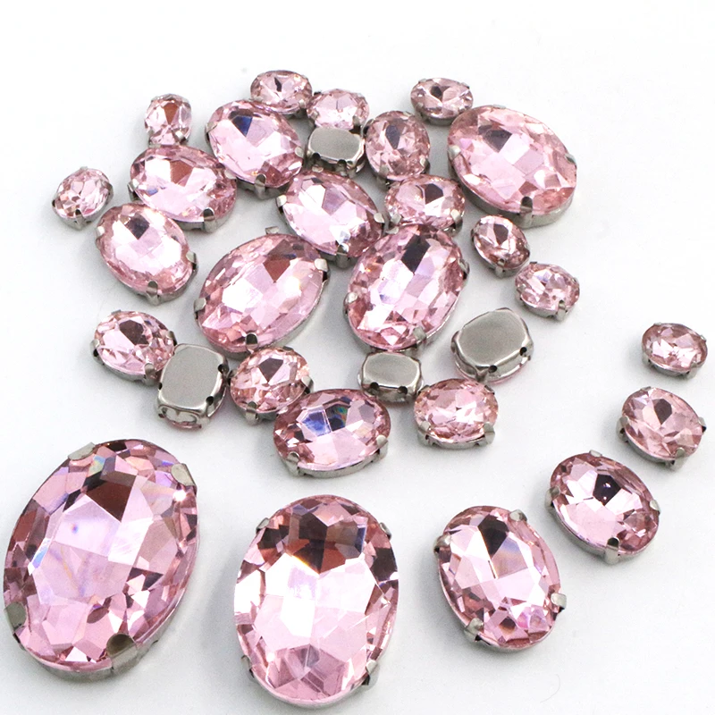 

New Fashion 20pcs/Bag Pink Mixed Size Oval Shape BlingBling Gem Crystal Glass Stone Sew On Rhinestone For Jewelry Making