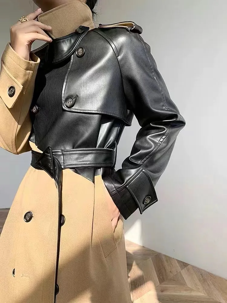 COZOK Winter Black Khaki Splice Windbreaker Coat Women 2022 New Style Fashion Leather Coat Women Y2K Retro Coat Women