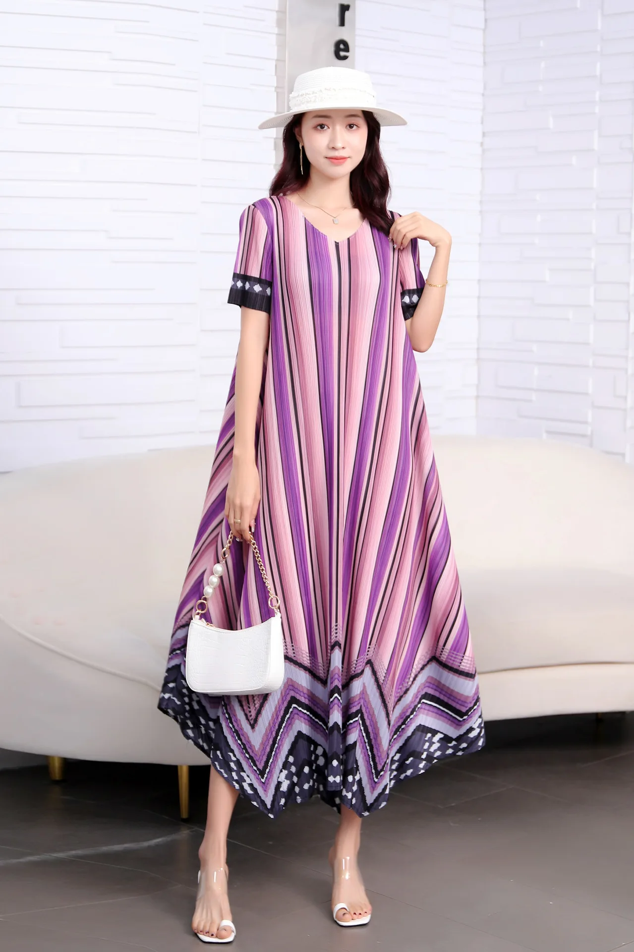 

Factory Direct Sales Miyake Fold 2023 New Summer Dress Stripes Loose Fashion Long Style Summer Dresses Women
