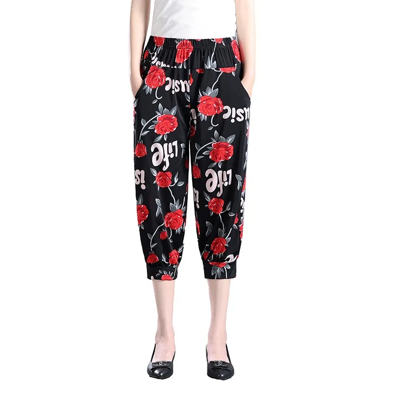 Elastic High Waist Sweatpants Printed Ice silk Thin  Loose Size Trousers Womens Pocket Casual Summer Pants