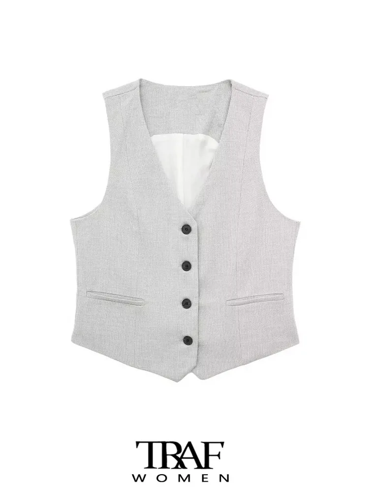 

TRAF Women Fashion Front Button Waistcoat Vintage V Neck Sleeveless Female Outerwear Chic Vest Tops