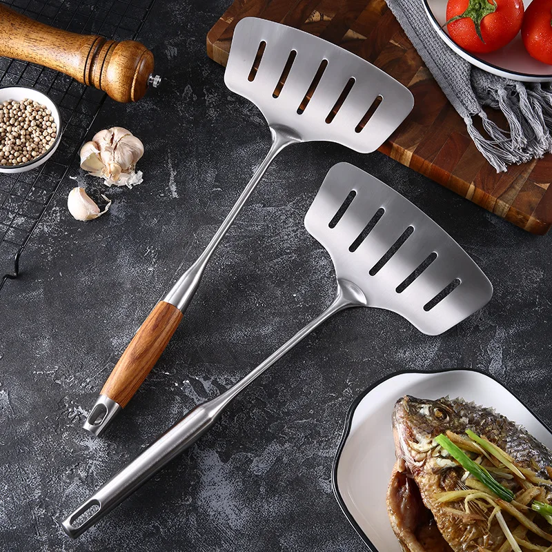 

Large Stainless Steel Fish Frying Spatula Egg Pan Scoop Nonstick Long Wood Handle Steak Slotted Flat Shovel Kitchen Cooking Tool