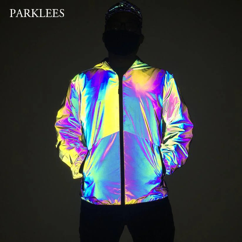 

Parklees Mens Rainbow Reflective Hooded Jacket 2022 Brand Zipper Noctilucent Night Sporting Coat Hip Hop Fluorescent Clothing