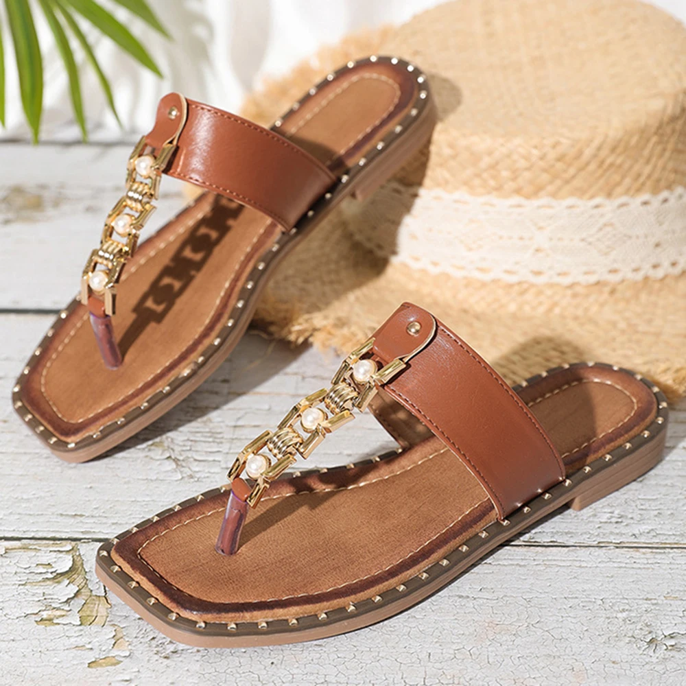 

Summer New Square head Pinch toe Sandals and Slippers Women's Metal Chain Flat Slippers Fashion flip flops Women's Shoes a251