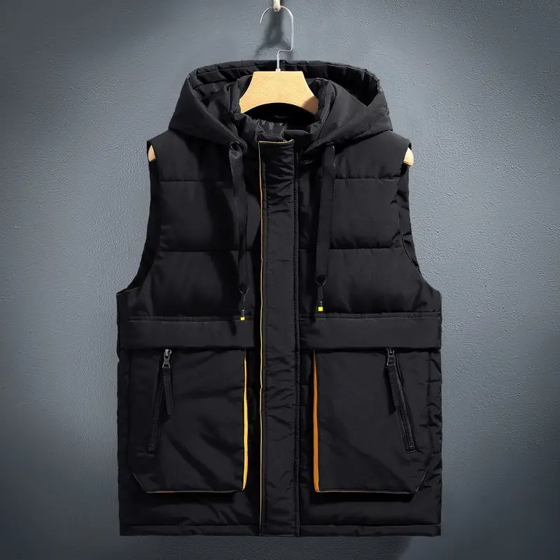 

Men Sleeveless Jacket Winter Hooded Vest Male Slim Vest Mens Warm Waistcoat Pocket Black Men Coat Zipper Windproof Men E17