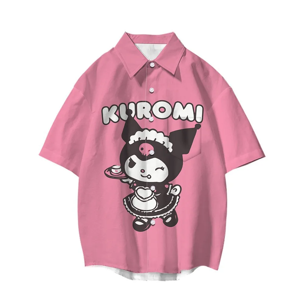 

Men's and women's shirt anime cartoon animation Kuromi surrounding 3D printing summer lapel loose shirt casual short sleeve