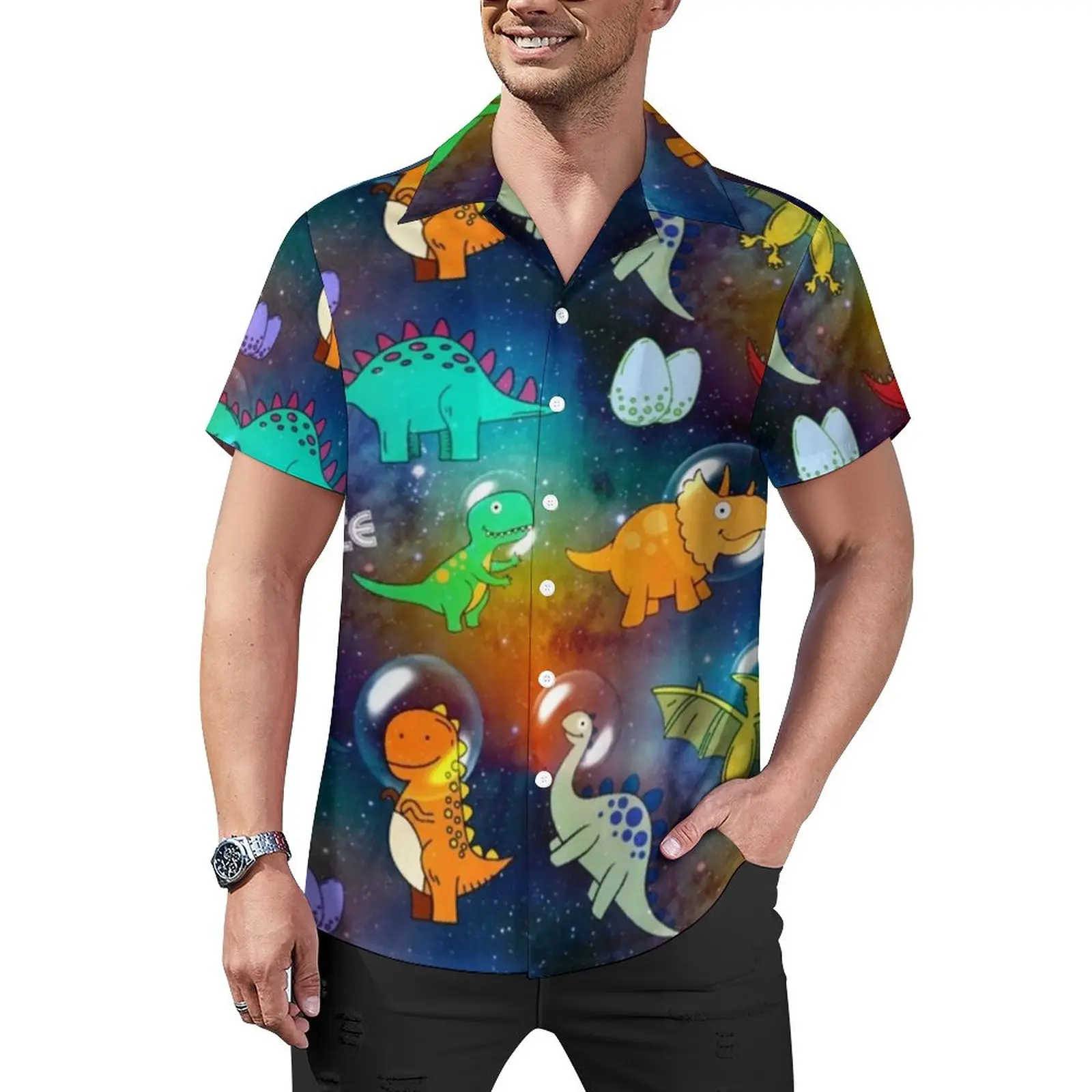 

Space Dinosaur Print Beach Shirt Colorful Animal Hawaii Casual Shirts Man Trendy Blouses Short Sleeve Graphic Tops Plus Size 4XL
