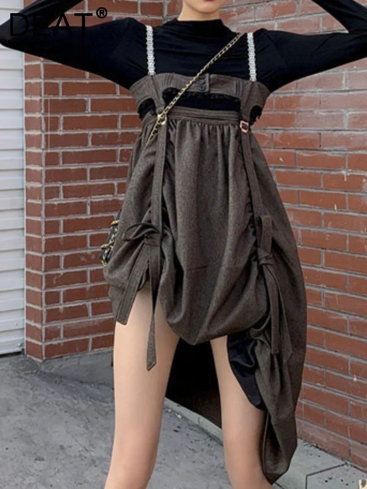 

DEAT Fashion Women's Dress New Slash Neck Loose Hollow Out Metal Chain Spaghetti Strap Mini Dresses Female Summer 2023 17A2499