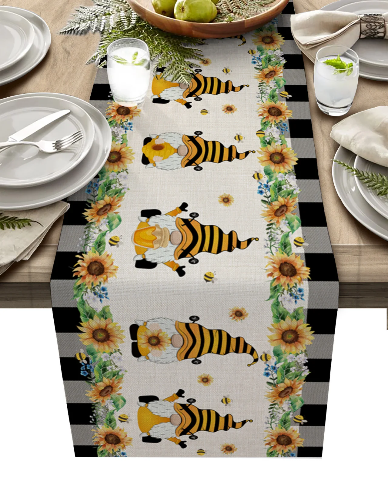 

Summer Idyllic Bee Sunflower Plaid Table Runner luxury Kitchen Dinner Table Cover Wedding Party Decor Cotton Linen Tablecloth